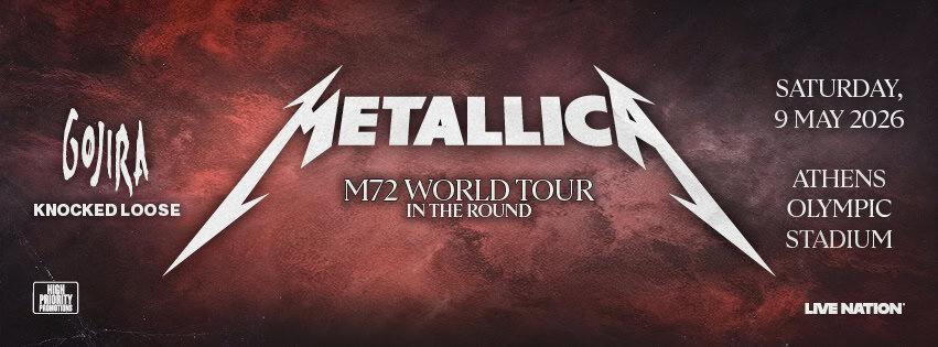 Metallica M72 World Tour banner featuring Gojira and Knocked Loose logos, date May 9, 2026 at Athens Olympic Stadium.