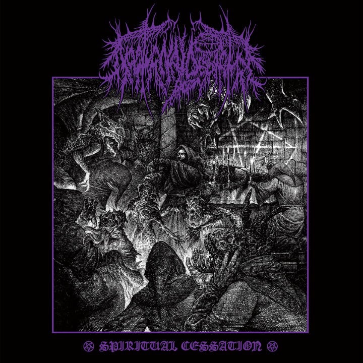 Black metal album cover showing a chaotic hellscape inside a purple frame, band logo above, and the title 'Spiritual Cessation' below in gothic text.