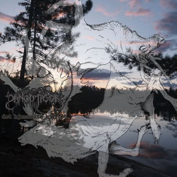 Double exposure: translucent wolf outline over a sunset lakeside with trees in the foreground and water reflections.