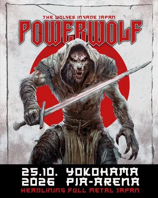 Powerwolf concert poster: a snarling werewolf warrior swinging a sword in front of a red sun, with bold red 'POWERWOLF' lettering at the top and event details in white block text at the bottom (date and venue)