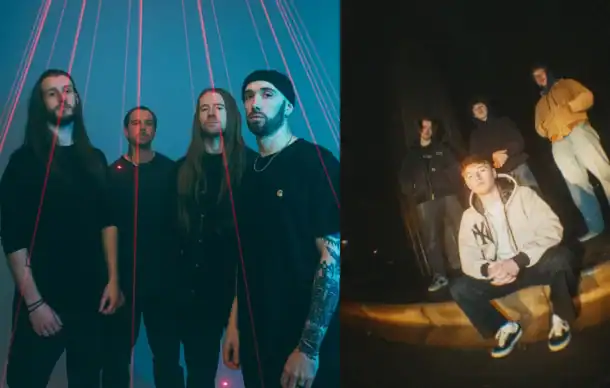 Two-panel photo of a music band: left shows five members under blue laser lines, right shows five members posing on steps at night.