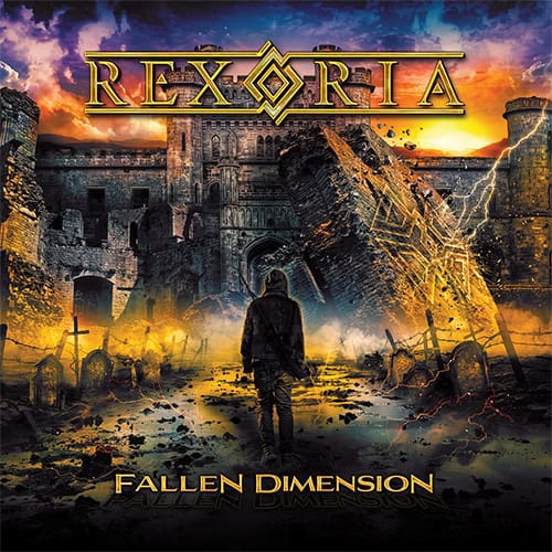 Album cover for Rexoria's Fallen Dimension: a lone figure stands before a ruined fortress with fire and lightning in a dramatic sky.
