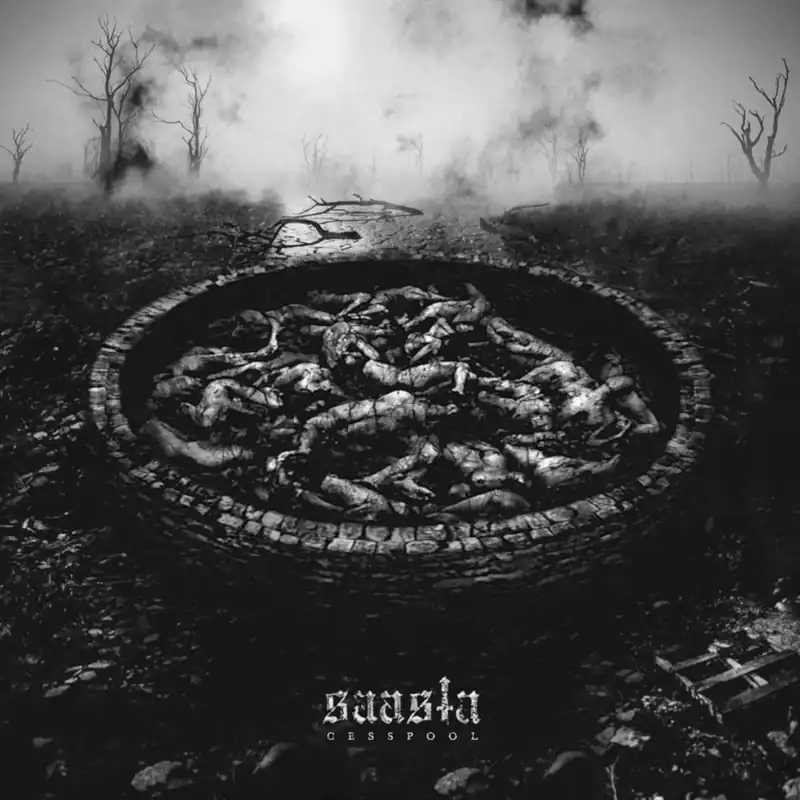 Grim black-and-white album cover: a circular brick pit filled with piled corpses in a desolate, smoky wasteland with bare trees in the distance; band name Batushka at the bottom.