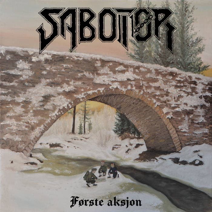 Album cover for Sabotage: a snow-covered stone arch bridge over a river, with three people skating on the icy water below; pine trees in the background; band name 'SABOTAGE' at top and 'Første aksjon' at the bottom.