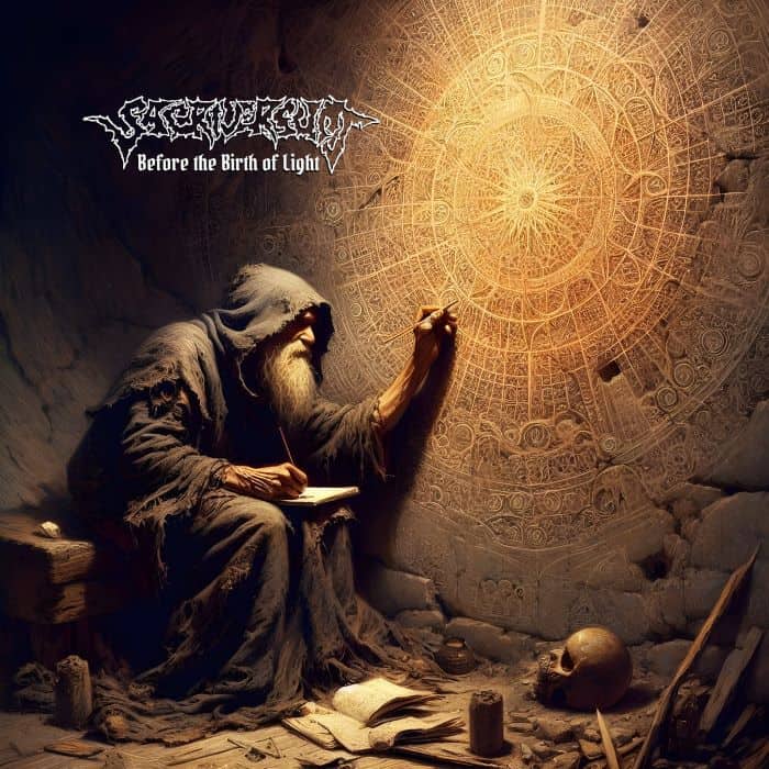 Hooded wizard drawing an intricate circular sigil on a stone wall; skull and tools lie nearby (album cover: Before the Birth of Light).