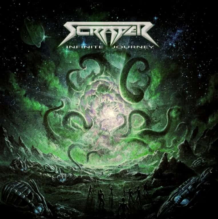 Album cover with a glowing green cosmic portal in a dark, rocky alien landscape; silhouettes of explorers stand before the portal, band logo above and 'Infinite Journey' text.