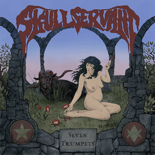 Album cover for Seven Trumpets: a nude woman sits among ruined stone arches at dusk, with a dark creature nearby and a red stylized band logo above.