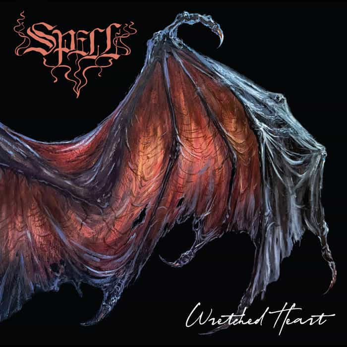 Album cover featuring a tattered orange wing against a black background, with ornate red band logo in the top left and 'Wretched Heart' handwritten at the bottom right.
