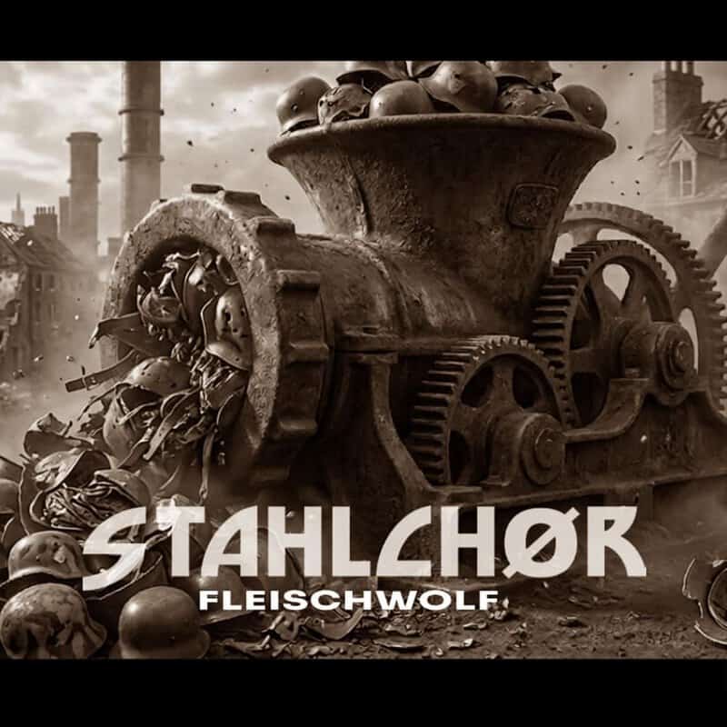 Sepia promotional poster showing a large vintage meat grinder crushing skulls, with bold text 'STAHLHOR' and 'FLEISCHWOLF'.