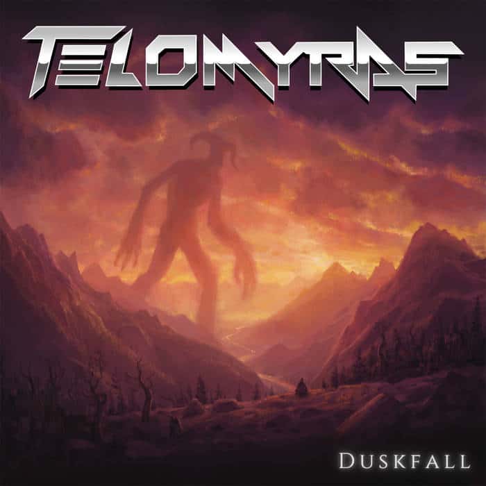 Album cover showing a giant shadowy figure looming over a fiery sunset-lit landscape with jagged mountains; band name Telomeres at the top and DusKfall at the bottom right.