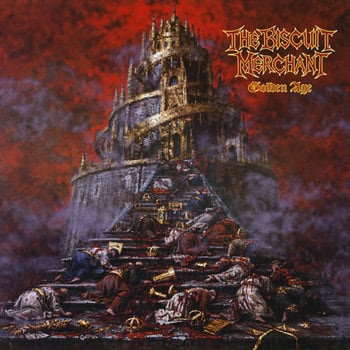 Album cover for The Biscuit Merchant — Golden Age: a crumbling, tower-like fortress with figures scattered on stair-like ledges under a red, smoky sky
