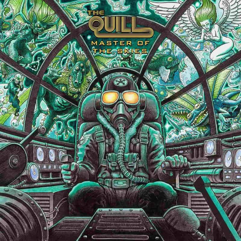 Poster art: a pilot in a green flight suit wearing a gas mask sits in a cockpit, with fantastical creatures in the background and the title 'The Quill Master of the Skies' above.
