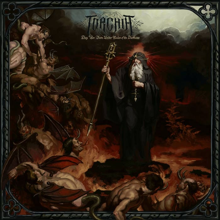 Dark fantasy album cover: an elderly wizard in black robes with a staff stands in a fiery hellscape among demons and bats.