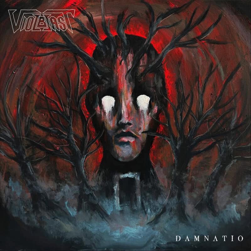 Surreal album cover with a pale, expressionless face formed by white eye sockets in a dark figure, surrounded by twisting leafless trees against a red glow; 'DAMNATIO' at bottom right.
