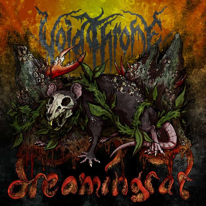 Album cover illustration: a rotting, plant-wrapped animal with a skull-like head crawling over a rugged, plant-covered landscape under an orange sky, with band name above and red, ornate album title below.