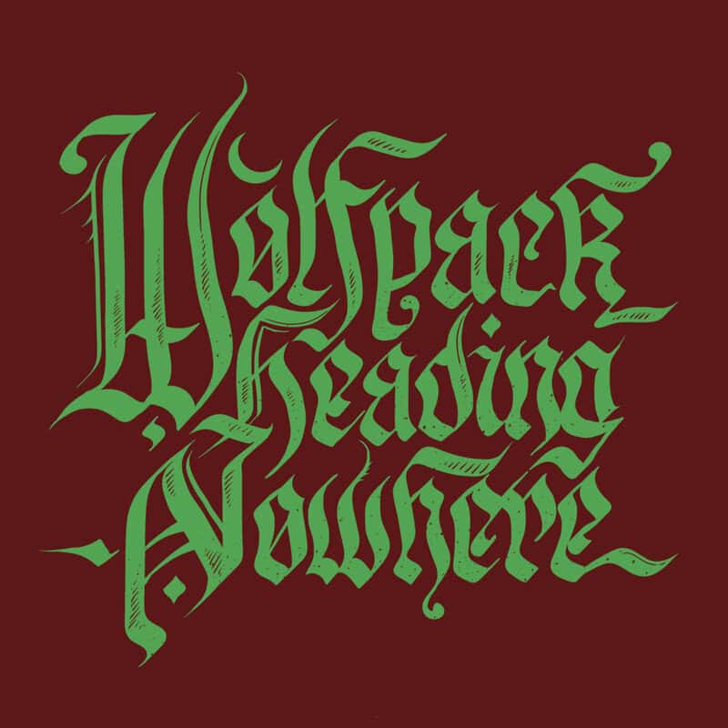 Intricately styled green band logo on a dark red background; the text is highly stylized and hard to read.