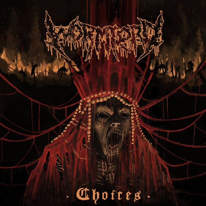 Album cover with a ghoul in a red robe, beads, and an open mouth set against a dark, fiery background; band logo at top and 'Choices' at bottom.