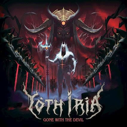 Dark fantasy album cover featuring a horned demon with a glowing central eye or orb, standing with a staff, flanked by dark winged figures in a red smoky background; title reads 'Gothiris' with subtitle 'Gone with the Devil'