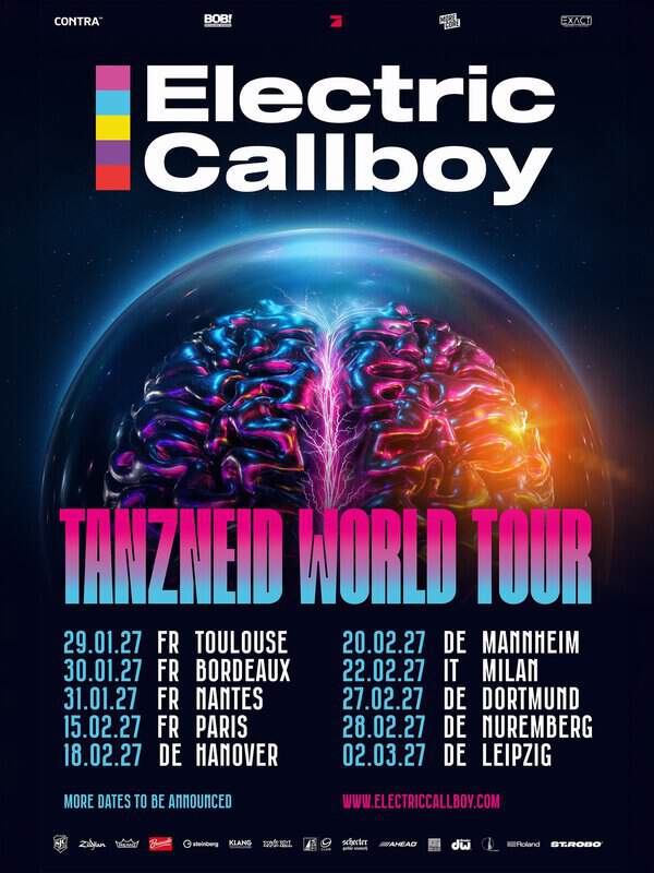Electric Callboy poster with a glowing neon brain inside a glass dome and bold 'WORLD TOUR' text beneath the band name.