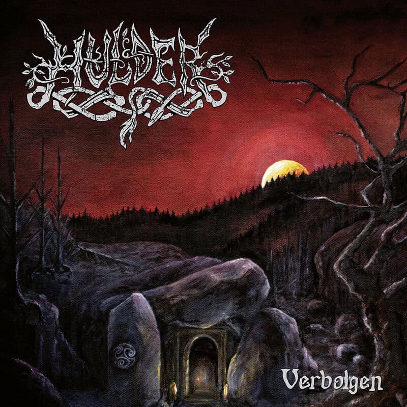 Album cover: dark, barren landscape with a red sunset, twisted trees, and a glowing archway/tunnel in the rocks; the word 'Verbolgen' appears in the bottom-right and a stylized band logo in the top-left.