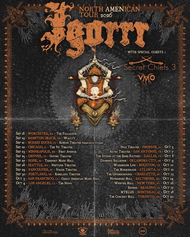 North American Tour 2016 poster with a hooded figure holding a glowing orb, ornate orange border, and orange text listing tour dates and venues.