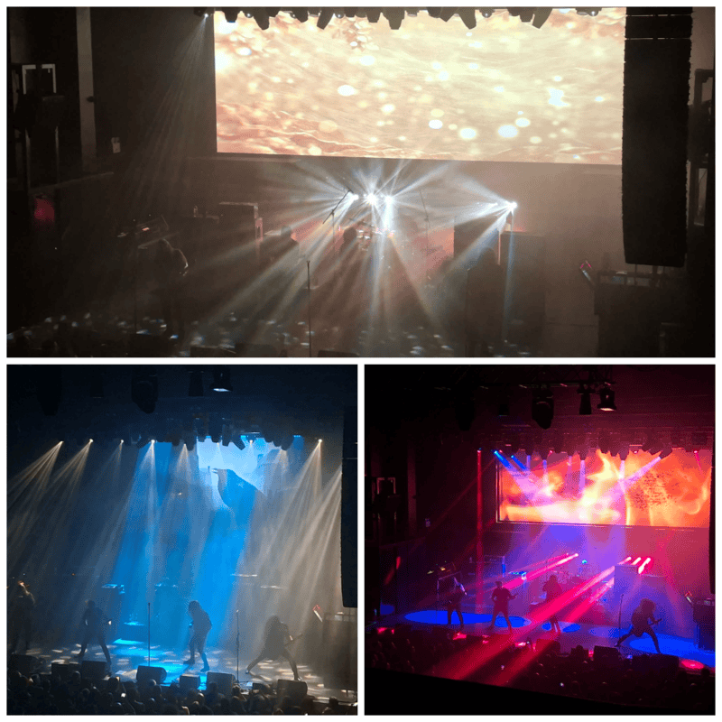 Triple-panel concert scene: top image shows a stage with bright white spotlight beams and a large abstract screen, audience silhouettes below. Bottom-left: blue stage lighting with performers and fog on a darkened auditorium. Bottom-right: red and purple beams illuminate a live band on stage with a large screen in the back and a crowd in the foreground.