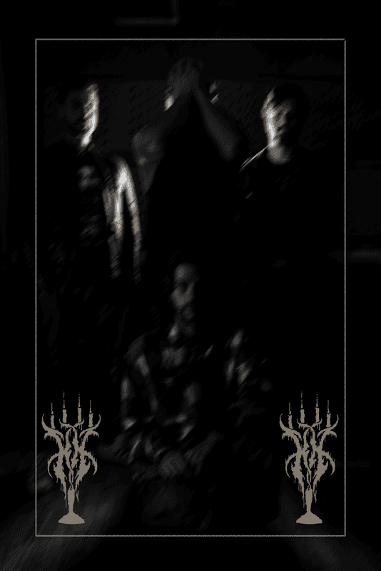 Dim, moody group portrait inside a simple border; four men stand and sit in low light, with one in front center, two candleholder ornaments visible at the bottom corners.