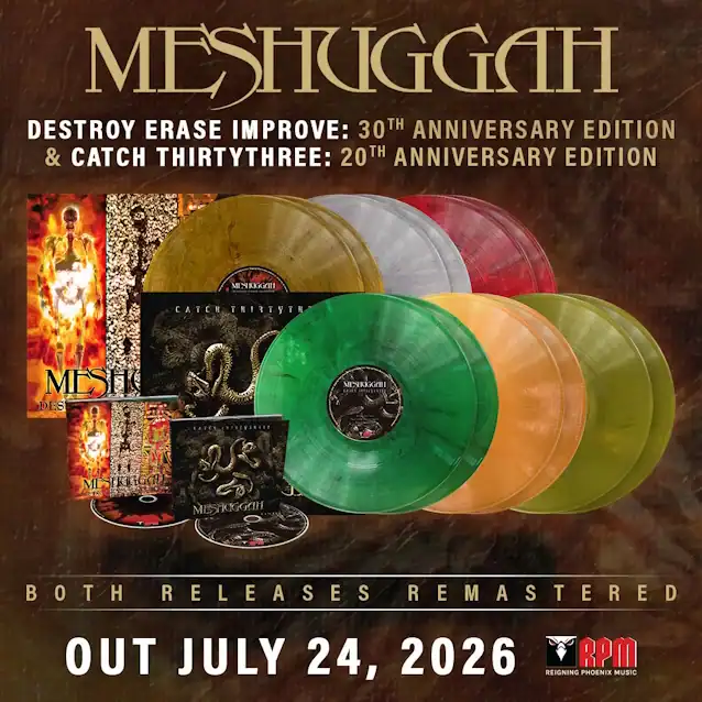 Album cover for Meshuggah's Destroy Erase Improve 30th anniversary edition with colorful vinyls and imagery of the band's releases, releasing July 24, 2026.