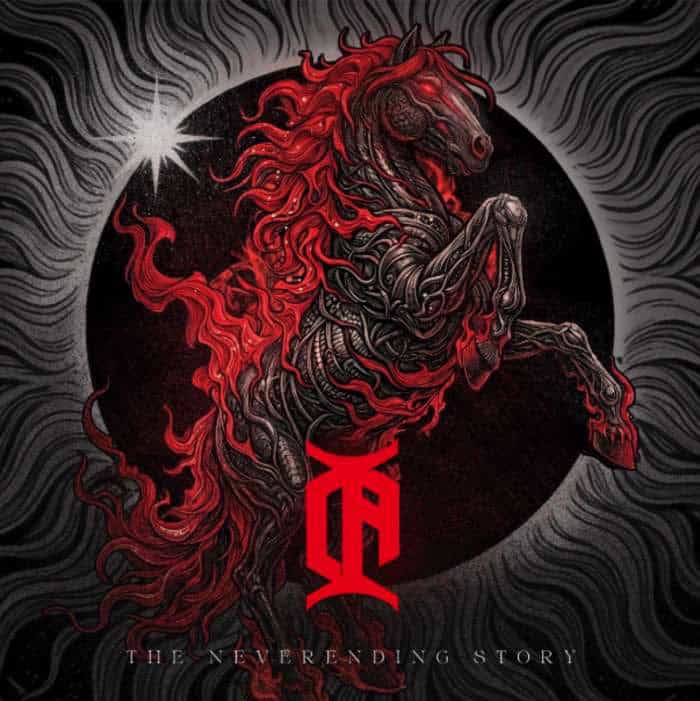 Skeletal black horse rears against a dark circular backdrop, with a flowing red mane and a bold red emblem below, and the text 'The Neverending Story' at the bottom.
