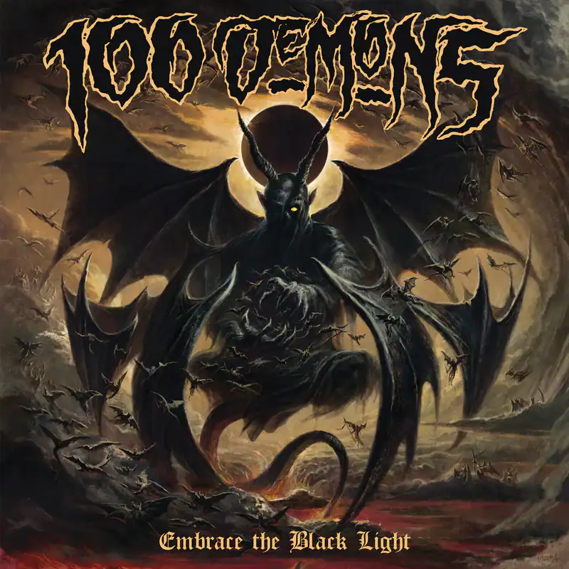Album cover of a horned, winged demon in a desolate landscape with jagged band name above and 'Embrace the Black Light' below.