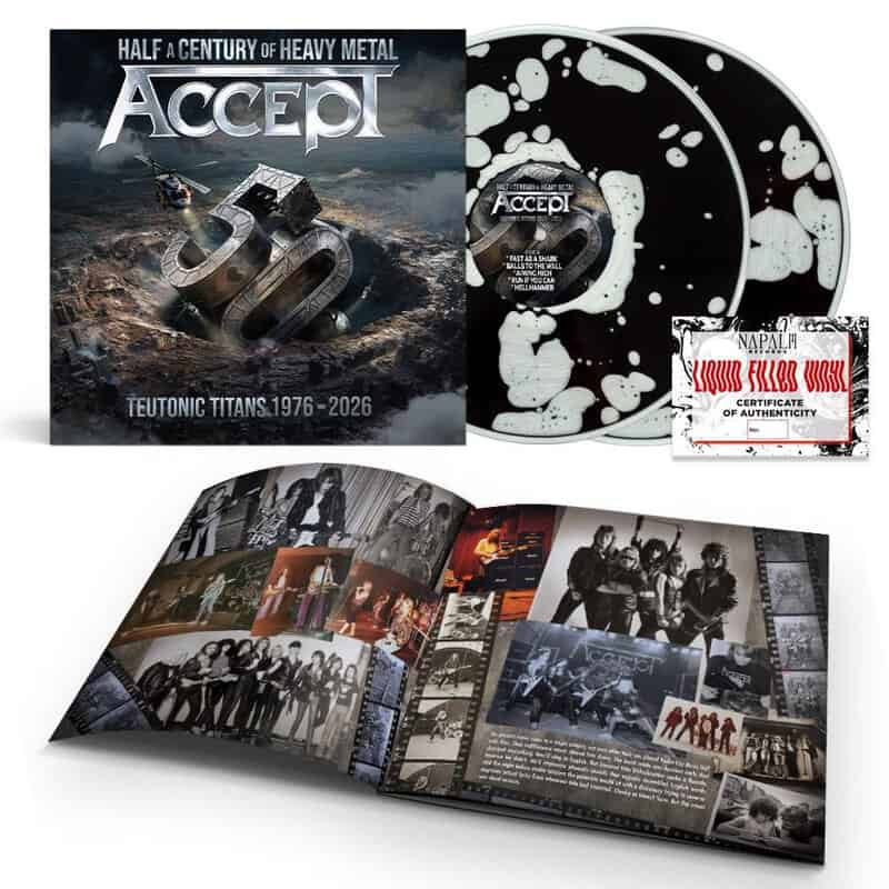ACCEPT Teutonic Titans 1976–2026 box set with splattered vinyl and a photo booklet (guitar-focused rock imagery).