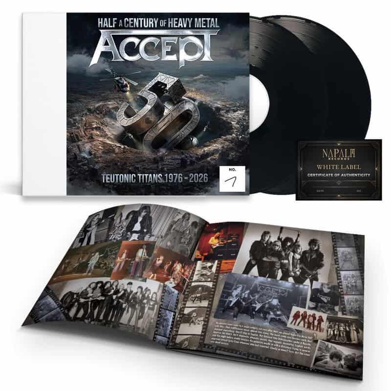 Accept Teutonic Titans vinyl box set with two black records, booklet photos, and Napalm Records white label certificate