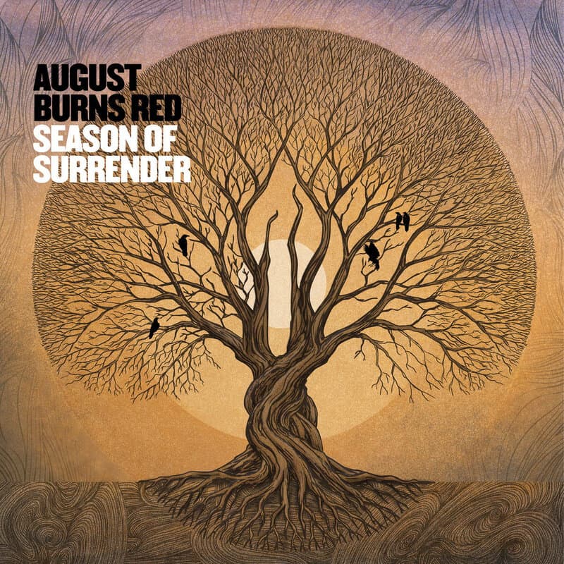 Album cover: a gnarled bare tree inside an orange circle with a textured brown background; bold black text 'AUGUST BURNS RED' and white 'SEASON OF SURRENDER' in the upper-left.