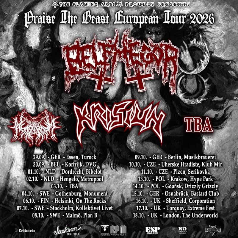 Black-and-white heavy metal tour poster for 'Praise The Beast European Tour 2026' showing band logos and a list of European show dates and venues.
