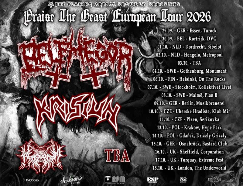 Promotional poster for the Praise The Beast European Tour 2026, featuring two large band logos and a list of European tour dates.