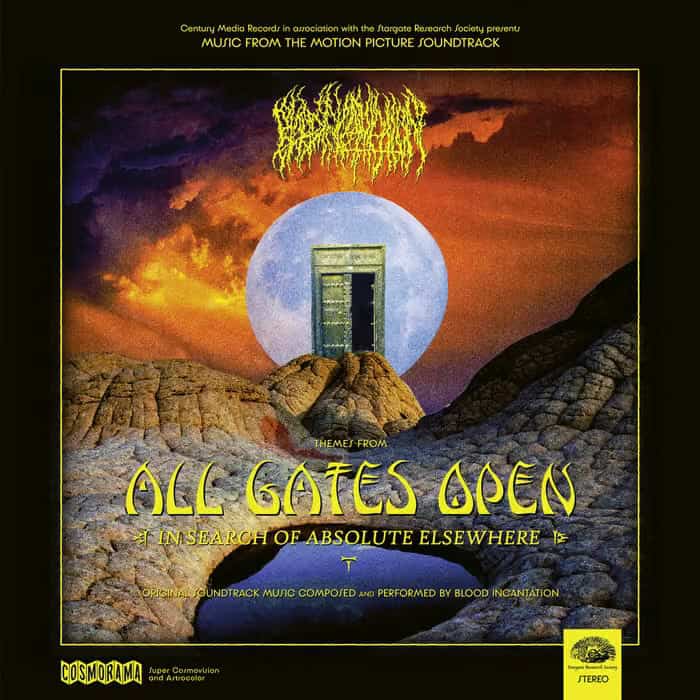 Poster for All Gates Open soundtrack: a doorway in a blue moon against a rocky landscape under an orange sky with yellow title text