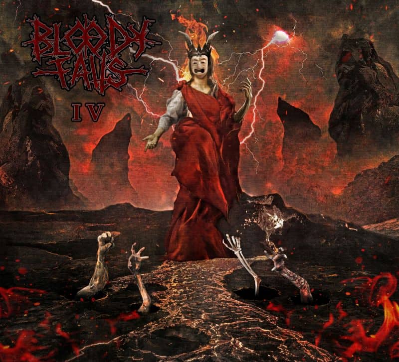 Album cover featuring a hooded, horned figure in a red robe standing atop lava and rising skeletal hands amid flames; text 'Blood Falls IV' appears in the corner.