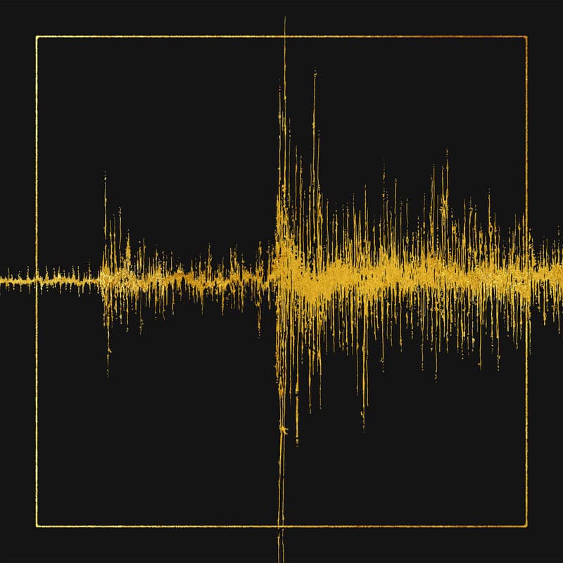 Gold audio waveform visualization inside a square frame on a black background, showing amplitude over time.