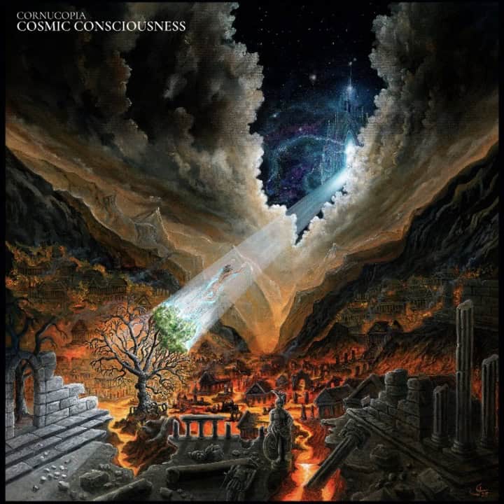 Surreal fantasy scene of a beam from the sky hitting a lone green tree amid a burning, ruined landscape with ancient ruins and lava flows, under a starry sky and cosmic portal above.