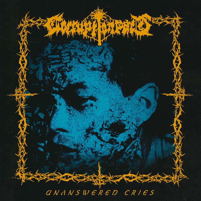 Dark blue-toned album cover showing a close-up portrait of a man framed by a jagged yellow thorn border, with a yellow band logo at the top and the title text at the bottom reading something like 'Cries'.