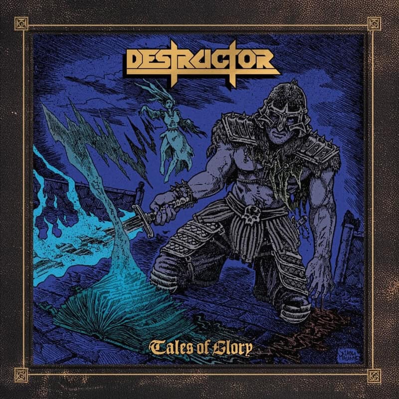 Destructor album cover: armored warrior kneels with sword on a dark blue battlefield, a pale winged figure in the background, 'Tales of Glory' text at bottom.