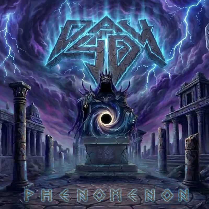 Album cover: a dark swirling portal on a stone pedestal, surrounded by ancient ruins and bright blue lightning, with a jagged neon band logo above.