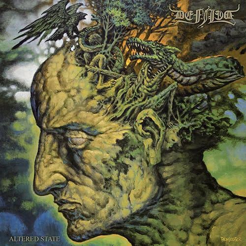 Surreal album cover: a man's profile morphs into a tree and coiled serpents, set in a forest; title Altered State.