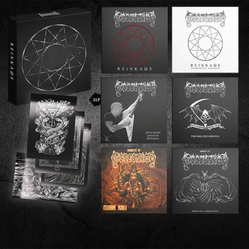 Boxed set on the left with a collage of nine dark metal album covers featuring occult sigils and skeletal artwork arranged in a grid behind it.