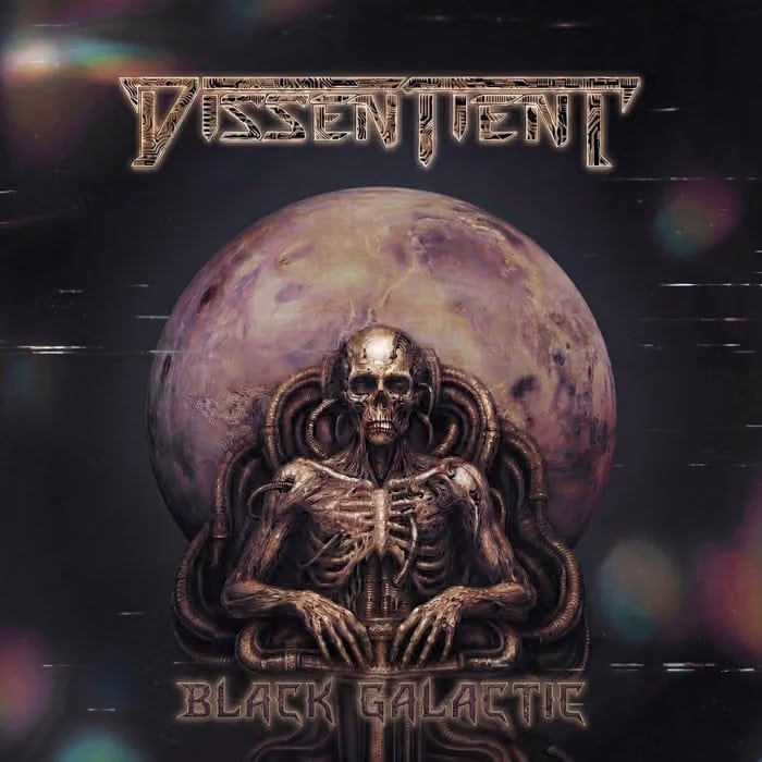 Album cover: skeletal figure connected to tubes in front of a large planet, with the band name at the top and 'Black Galactic' at the bottom.