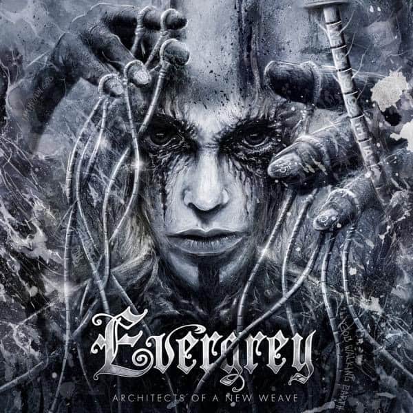 Evergrey album cover featuring a pale, intense face surrounded by icy hands and cables, with the title Architects of a New Weave