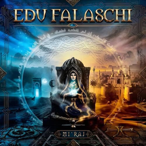 Album cover for EDV FALASCHI's Mi'Raj: a meditating figure within a glowing circular mandala, with a blue cityscape on the left and an orange-lit skyline on the right.