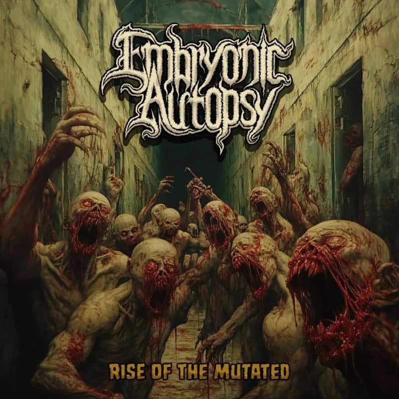 Album cover depicting a horde of decaying zombies in a hallway, with a jagged band logo above and the title 'Rise of the Mutated' at the bottom.