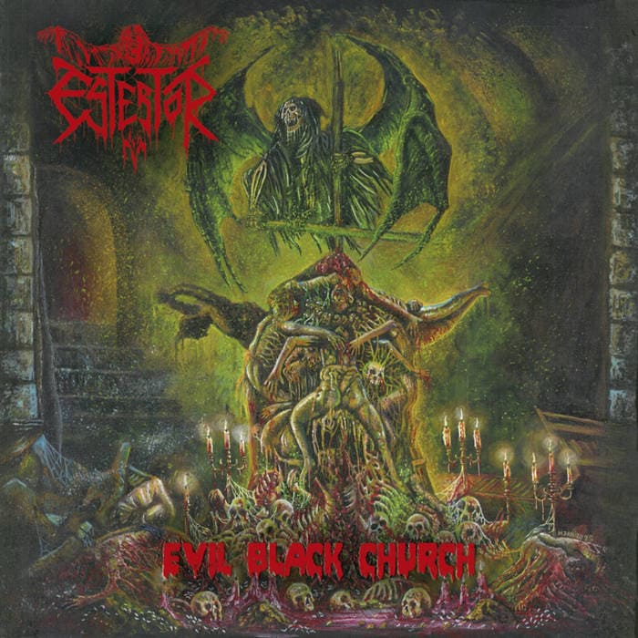 Album cover for Evil Black Church: a green winged demon above a throne of corpses in a dark dungeon; jagged red band logo top left and red title at bottom.