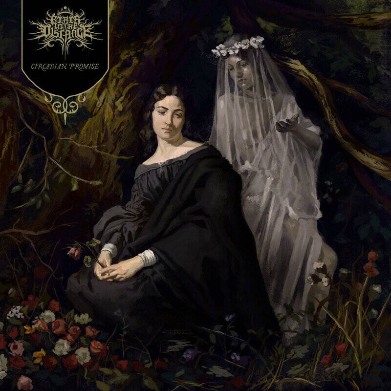 Painting of a somber woman in a black cloak seated among colorful flowers; a ghostly bride in a white veil stands behind her in a dark forest.